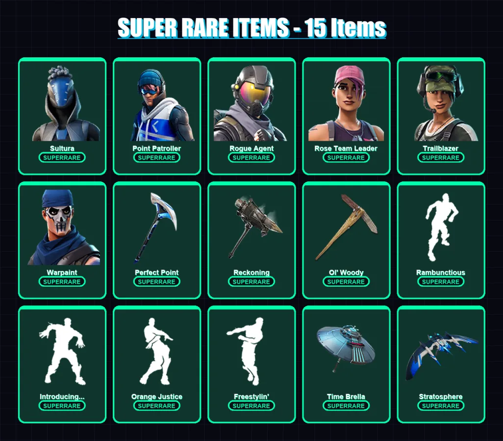 [PS4/PS5/XBOX/PC] | Sultura | Point Patroller | Rogue Agent | Rose Team Leader | Trailblazer | 64 skin | 56 pickaxe | 79 emote | 51 glider | Lv832