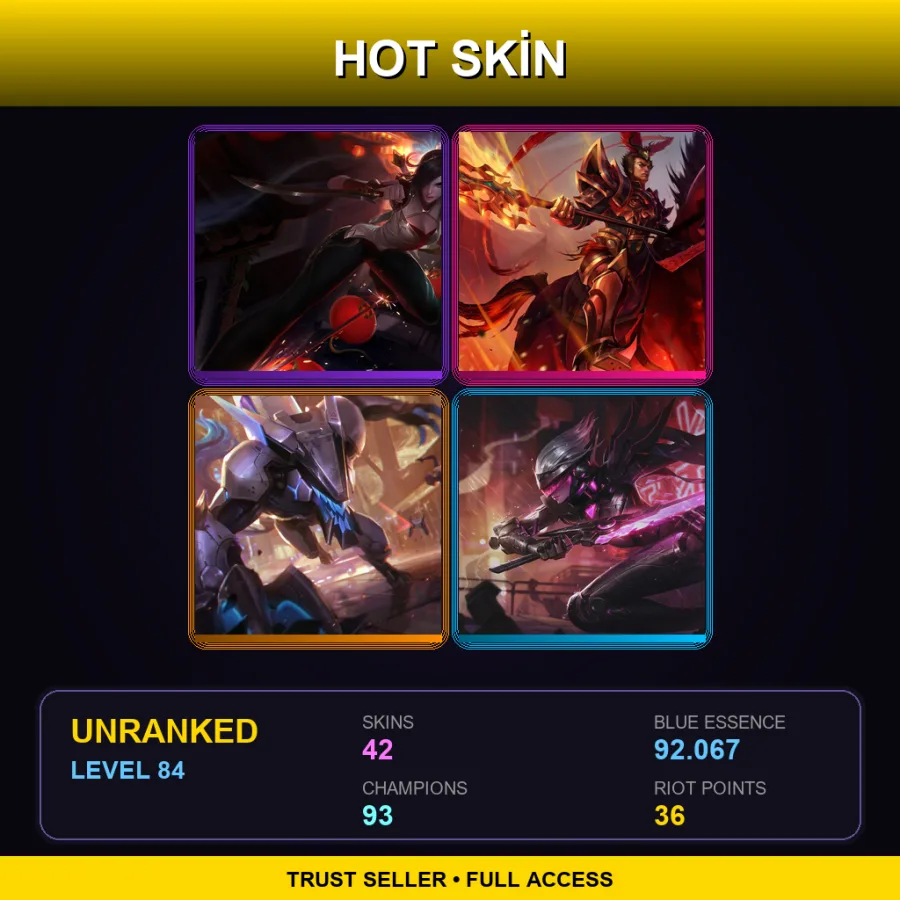 EUW | Warring Kingdoms Katarina | Warring Kingdoms Jarvan IV | PROJECT: Warwick | PROJECT: Fiora | 42 Skin | 93 Champ | Lv84