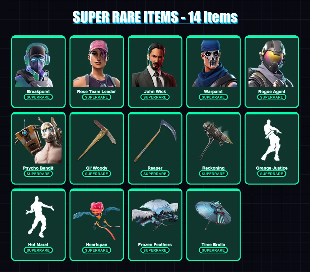 [PC/PSN] | Breakpoint | Rose Team Leader | John Wick | Warpaint | Rogue Agent | 189 skin | 138 pickaxe | 147 emote | 118 glider | Lv1467