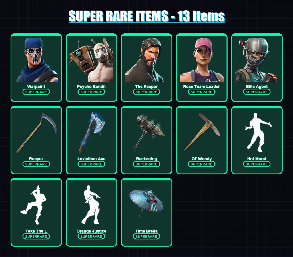 [PC/XBOX/PSN] | Warpaint | Psycho Bandit | The Reaper | Rose Team Leader | Elite Agent | 130 skin | 119 pickaxe | 124 emote | 110 glider | Lv1861
