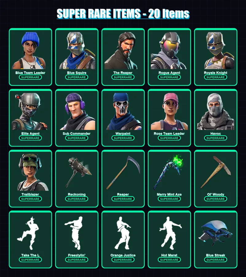 [PS4/PS5/XBOX/PC] | Blue Team Leader | Blue Squire | The Reaper | Rogue Agent | Royale Knight | 106 skin | 62 pickaxe | 57 emote | 52 glider | Lv620
