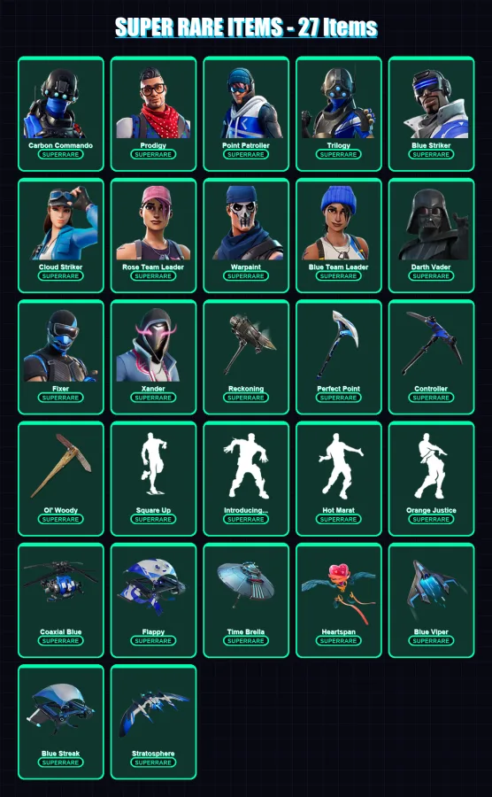 [PS4/PS5/XBOX/PC] | Carbon Commando | Prodigy | Point Patroller | Trilogy | Blue Striker | 182 skin | 185 pickaxe | 172 emote | 153 glider | Lv1886