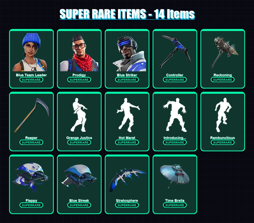 [PS4/PS5/XBOX/PC] | Blue Team Leader | Prodigy | Blue Striker | Raptor | Hybrid | 60 skin | 55 pickaxe | 72 emote | 62 glider | Lv980