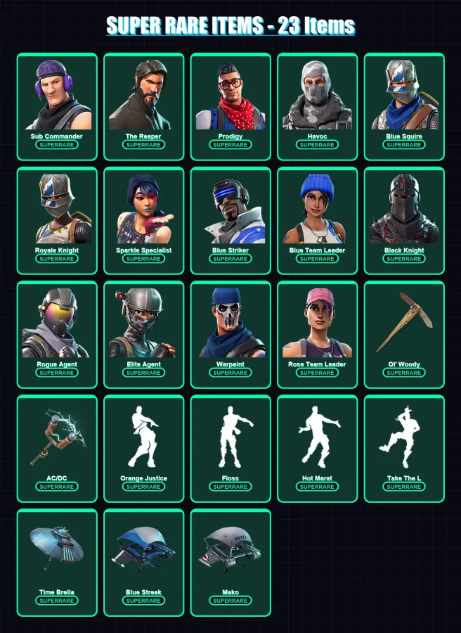 [PS4/PS5/XBOX/PC] | Sub Commander | The Reaper | Prodigy | Havoc | Blue Squire | 62 skin | 42 pickaxe | 50 emote | 50 glider | Lv599