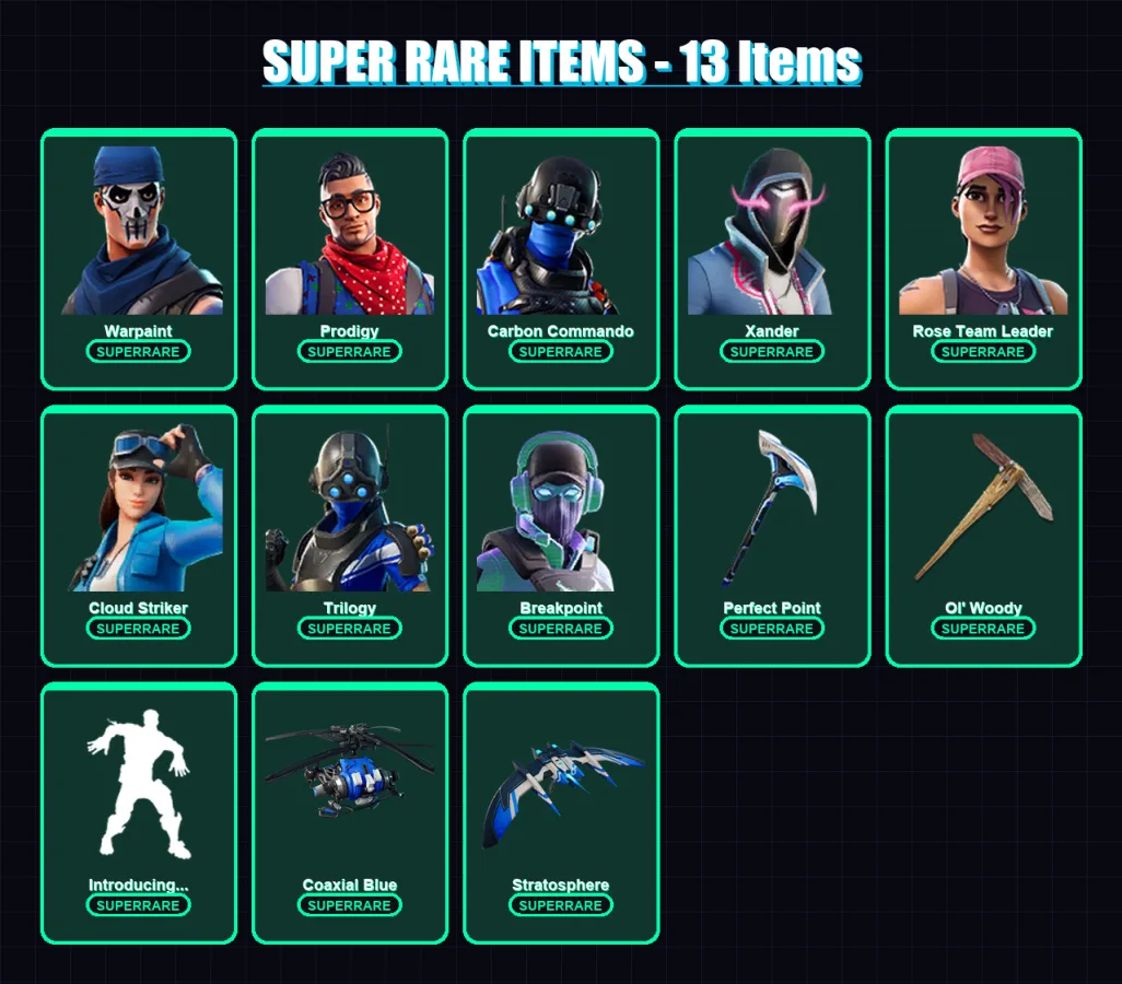 [PC] | Warpaint | Prodigy | Carbon Commando | Xander | Rose Team Leader | 320 skin | 335 pickaxe | 278 emote | 226 glider | Lv3731