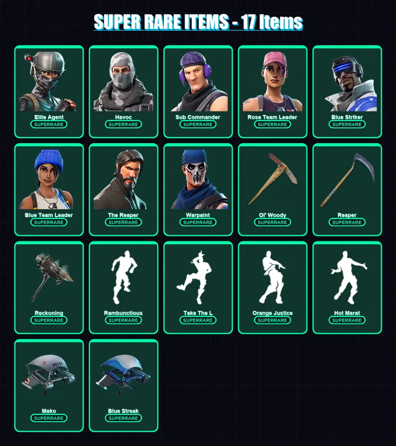 [PS4/PS5/XBOX/PC] | Elite Agent | Havoc | Sub Commander | Rose Team Leader | Blue Striker | 87 skin | 96 pickaxe | 92 emote | 83 glider | Lv995