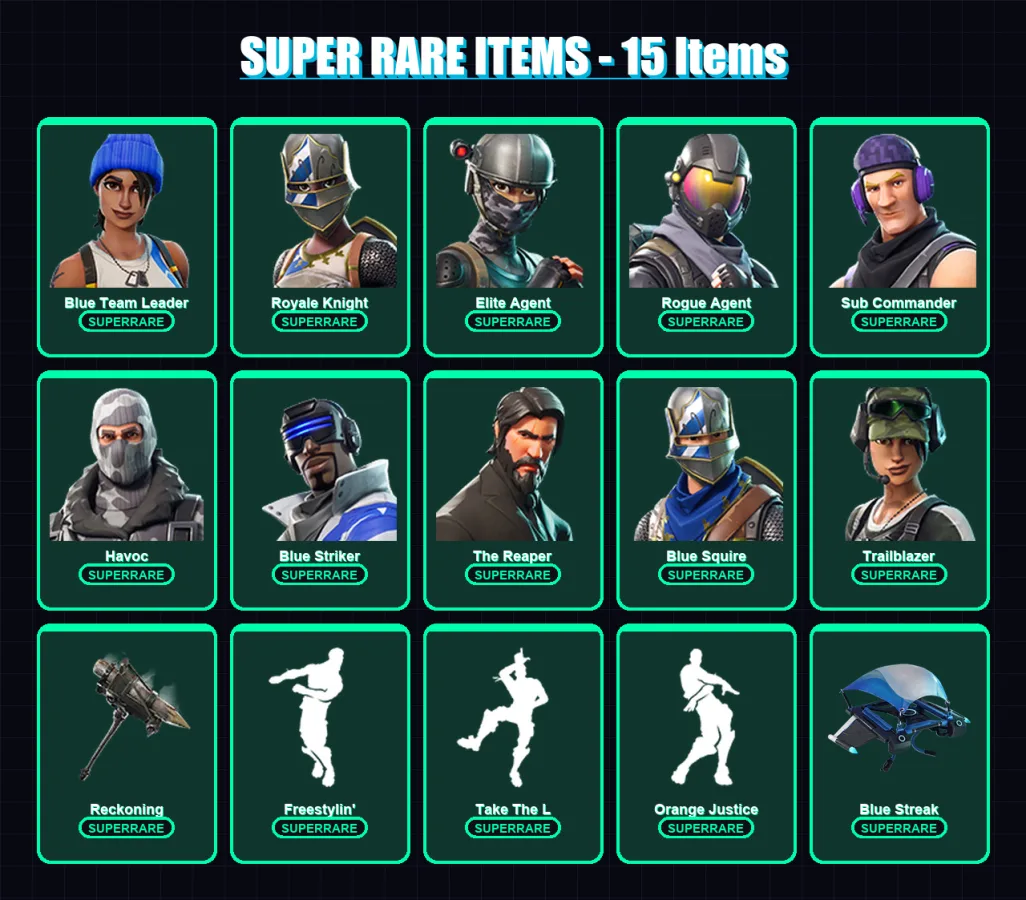[PC/XBOX/PSN] | Blue Team Leader | Royale Knight | Elite Agent | Rogue Agent | Sub Commander | 47 skin | 28 pickaxe | 36 emote | 33 glider | Lv406 — Fortnite account