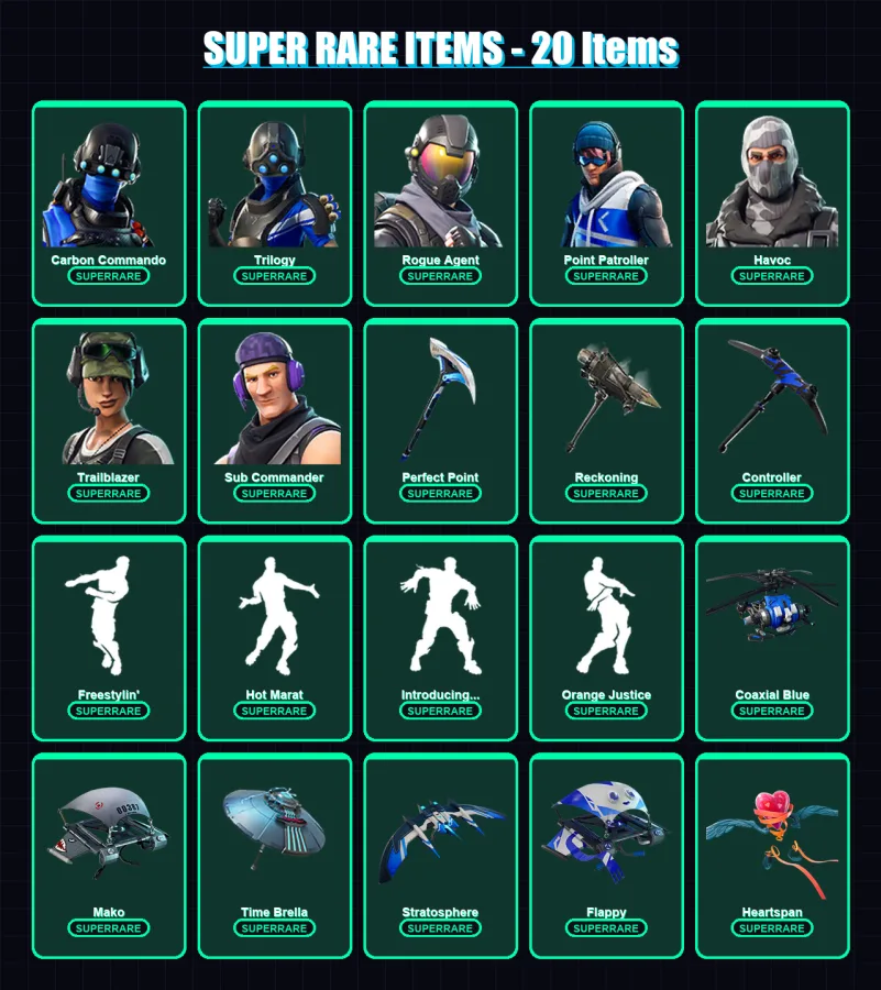 [PS4/PS5/XBOX/PC] | Carbon Commando | Trilogy | Rogue Agent | Point Patroller | Havoc | 69 skin | 83 pickaxe | 100 emote | 81 glider | Lv1382