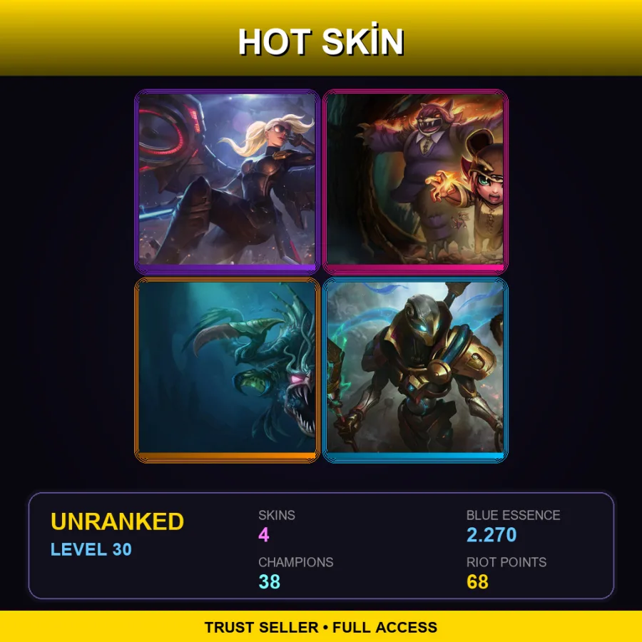 EUW | Lv30 | Unranked | 4 Skin | 38 Champ — LoL account