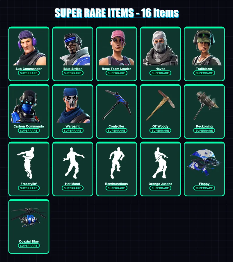 [PS4/PS5/XBOX/PC] | Sub Commander | Blue Striker | Rose Team Leader | Havoc | Trailblazer | 70 skin | 49 pickaxe | 85 emote | 57 glider | Lv648
