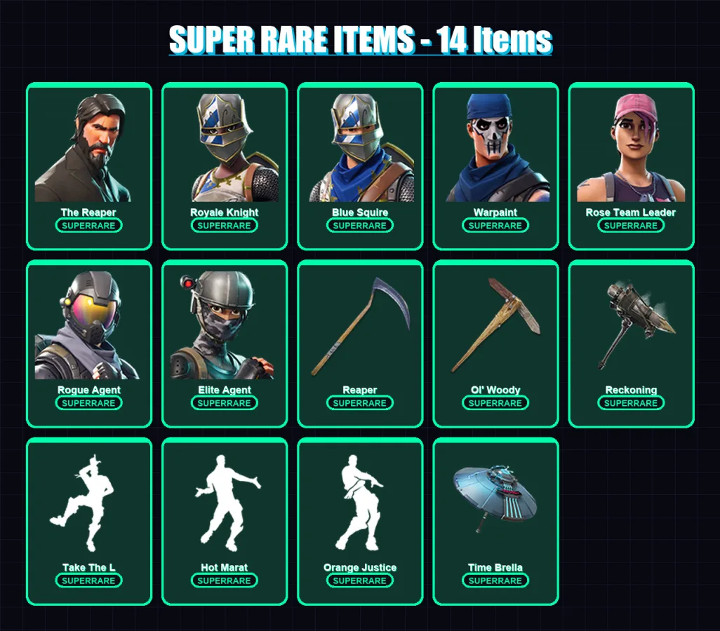 [PC/XBOX/PSN] | The Reaper | Royale Knight | Blue Squire | Warpaint | Rose Team Leader | 116 skin | 95 pickaxe | 93 emote | 103 glider | Lv1556
