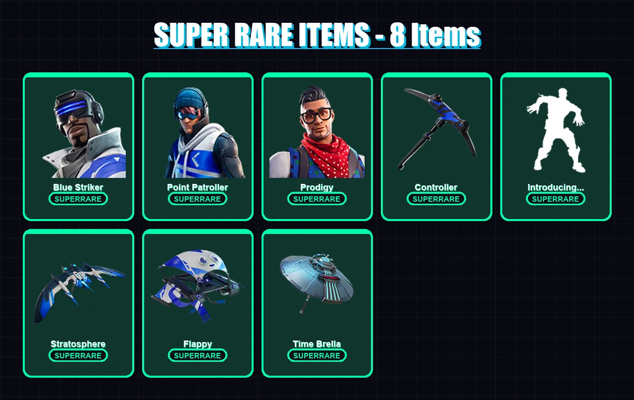 [PC/XBOX] | Blue Striker | Point Patroller | Prodigy | Omegarok | Valeria | 43 skin | 68 pickaxe | 60 emote | 59 glider | Lv1189