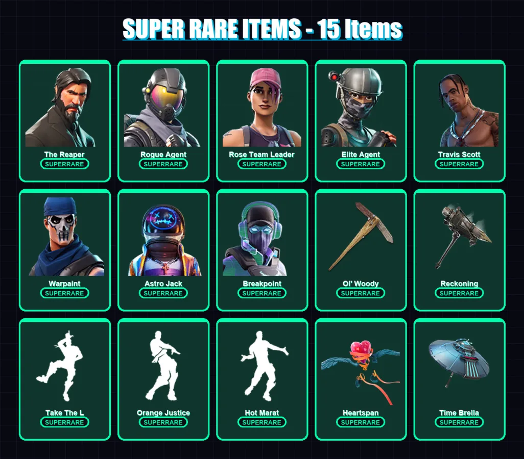 [PC/XBOX/PSN] | The Reaper | Rogue Agent | Rose Team Leader | Elite Agent | Travis Scott | 232 skin | 182 pickaxe | 195 emote | 154 glider | Lv2621