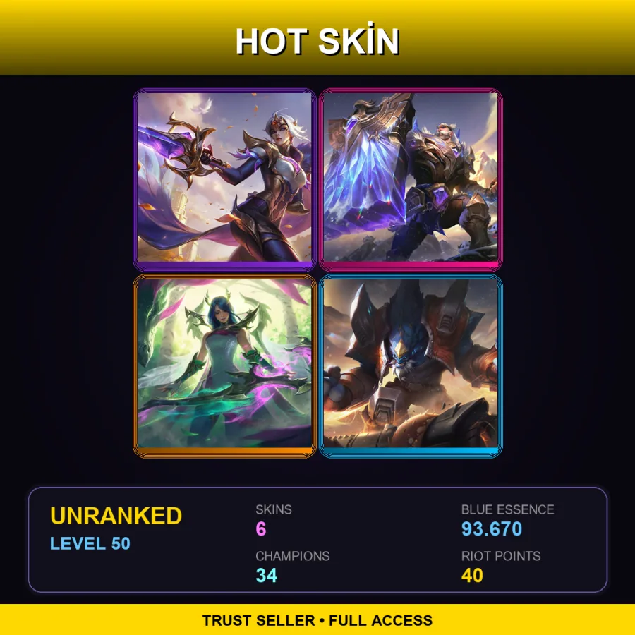 EUW | Lv50 | Unranked | 6 Skin | 34 Champ — LoL account