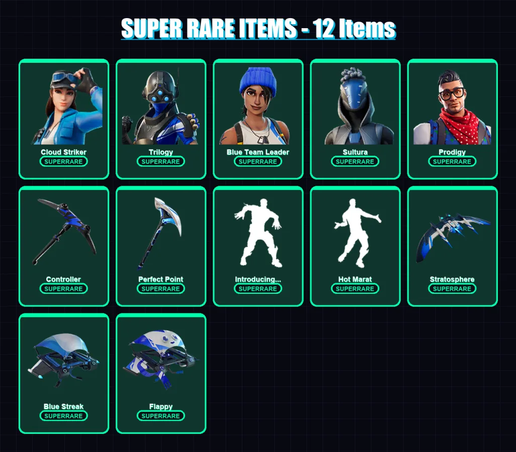 [PS4/PS5/XBOX/PC] | Cloud Striker | Trilogy | Blue Team Leader | Sultura | Prodigy | 10 skin | 16 pickaxe | 14 emote | 16 glider | Lv172