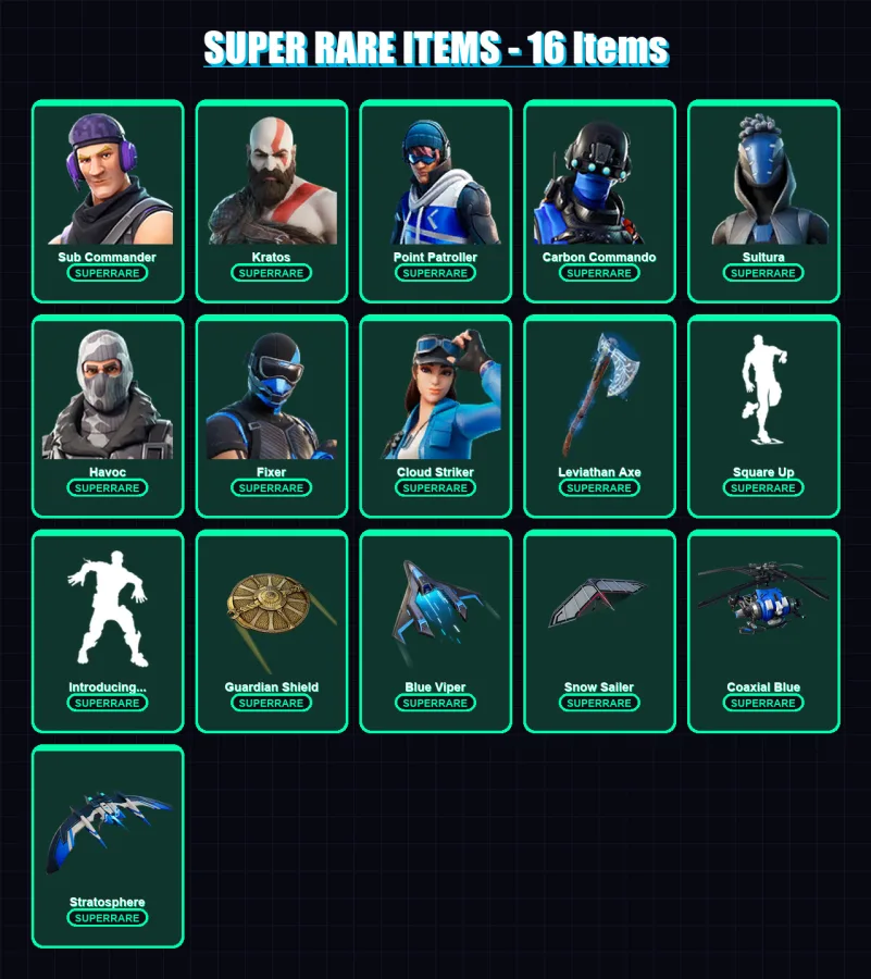 [PC/XBOX] | Sub Commander | Kratos | Point Patroller | Carbon Commando | Sultura | 45 skin | 54 pickaxe | 37 emote | 54 glider | Lv529 — Fortnite account