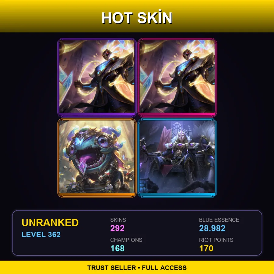 TR | Lv362 | Unranked | 292 Skin | 168 Champ — LoL account