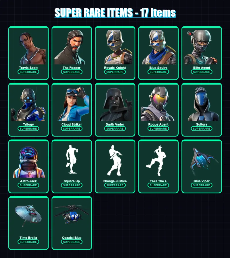 [PS4/PS5/XBOX/PC] | Travis Scott | The Reaper | Royale Knight | Blue Squire | Elite Agent | 162 skin | 171 pickaxe | 161 emote | 152 glider | Lv1854