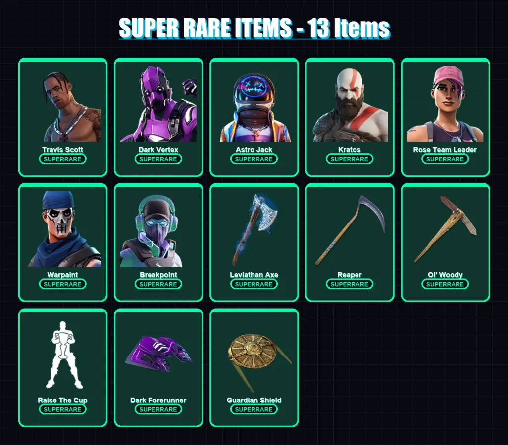 [SWITCH/XBOX/PSN/PC] | Travis Scott | Dark Vertex | Astro Jack | Kratos | Rose Team Leader | 220 skin | 190 pickaxe | 197 emote | 140 glider | Lv253