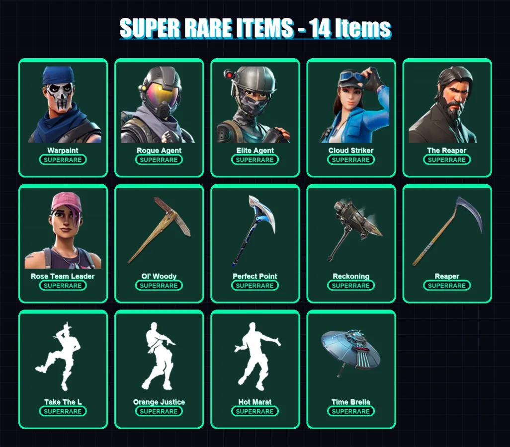 [PC/XBOX/PSN] | Warpaint | Rogue Agent | Elite Agent | Cloud Striker | The Reaper | 62 skin | 76 pickaxe | 74 emote | 73 glider | Lv1177