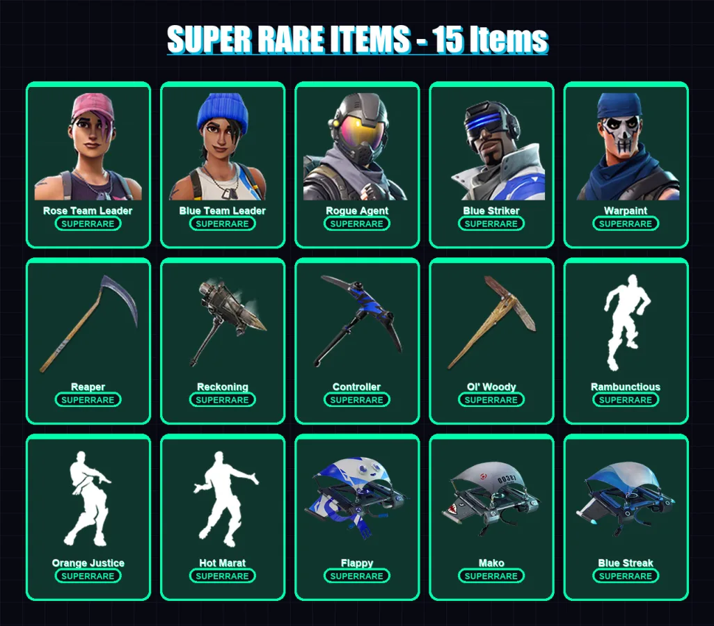 [PS4/PS5/XBOX/PC] | Rose Team Leader | Blue Team Leader | Rogue Agent | Blue Striker | Warpaint | 61 skin | 44 pickaxe | 69 emote | 55 glider | Lv67
