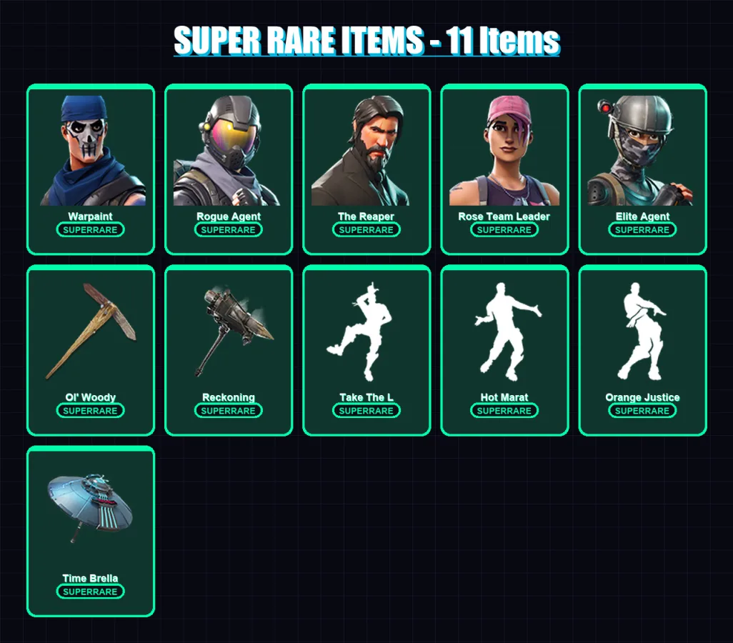 [SWITCH/PSN/PC] | Warpaint | Rogue Agent | The Reaper | Rose Team Leader | Elite Agent | 200 skin | 170 pickaxe | 176 emote | 151 glider | Lv2011