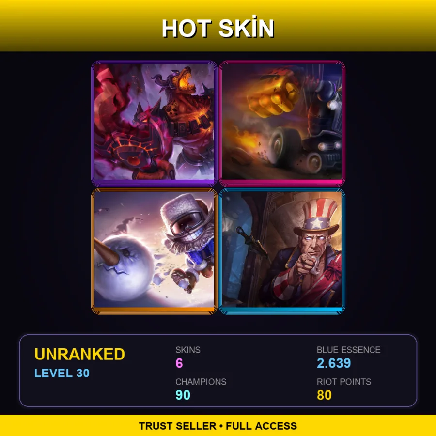EUW | Lv30 | Unranked | 6 Skin | 90 Champ