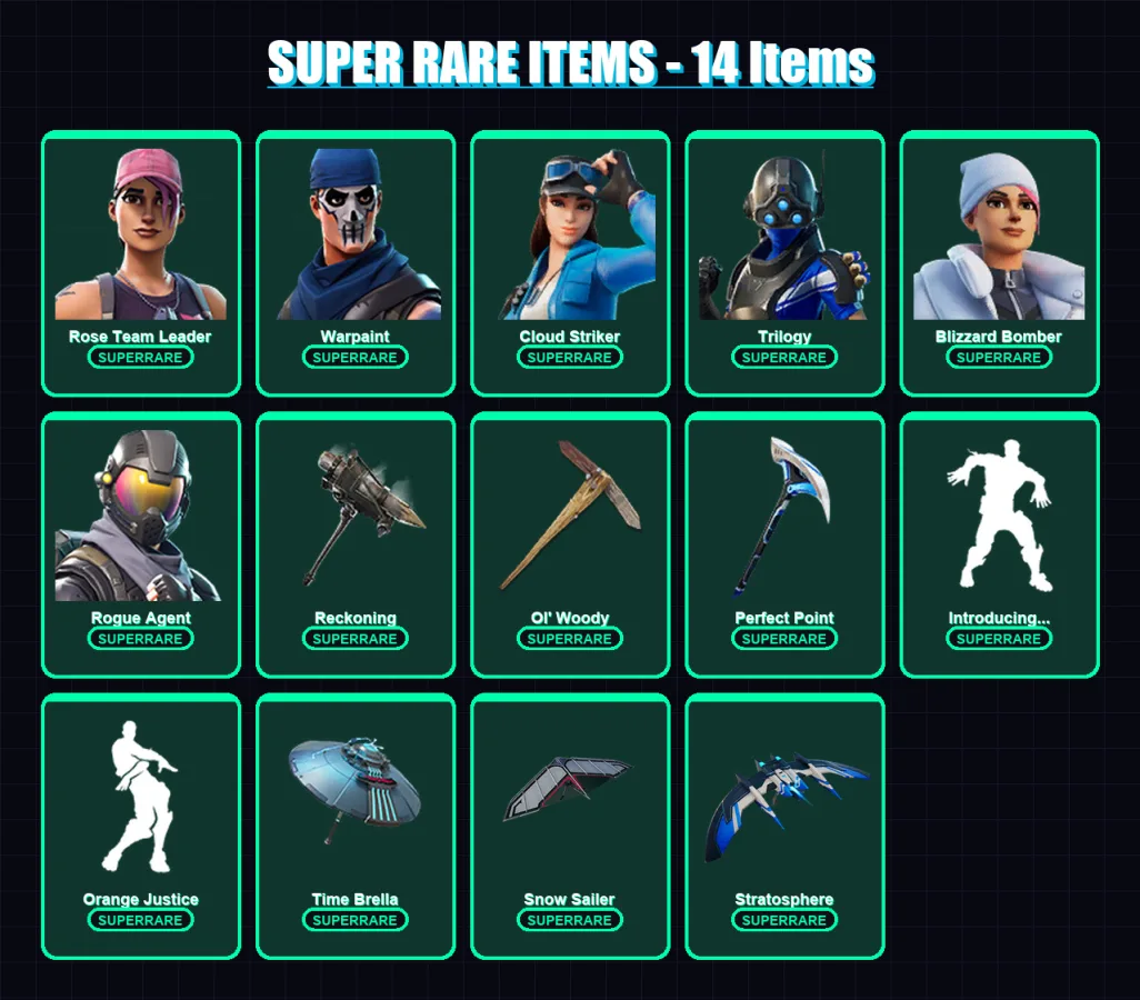 [PS4/PS5/XBOX/PC] | Rose Team Leader | Warpaint | Cloud Striker | Trilogy | Blizzard Bomber | 151 skin | 147 pickaxe | 110 emote | 124 glider | Lv16