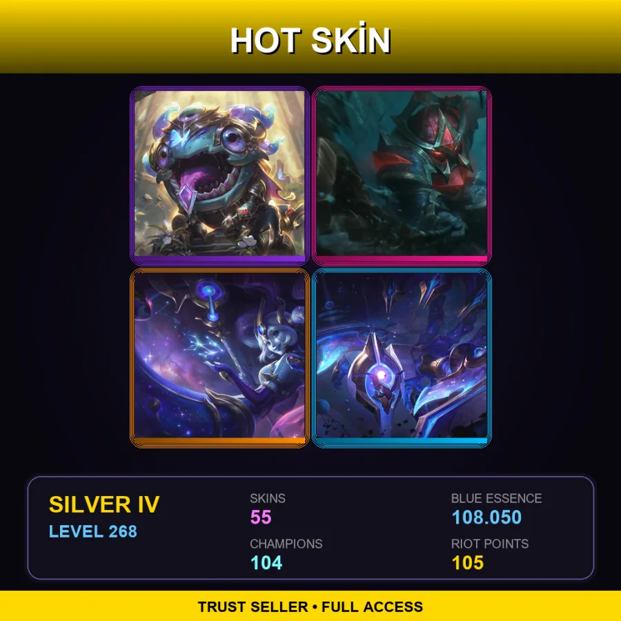 NA | Victorious Kog'Maw | Conqueror Nautilus | Cosmic Destiny Nami | Cosmic Sting Skarner | 55 Skin | 104 Champ | Silver IV | Lv268