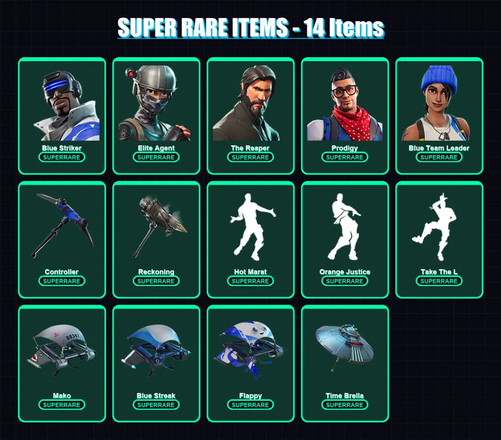 [PS4/PS5/XBOX/PC] | Blue Striker | Elite Agent | The Reaper | Prodigy | Blue Team Leader | 85 skin | 79 pickaxe | 80 emote | 86 glider | Lv1128 — Fortnite account