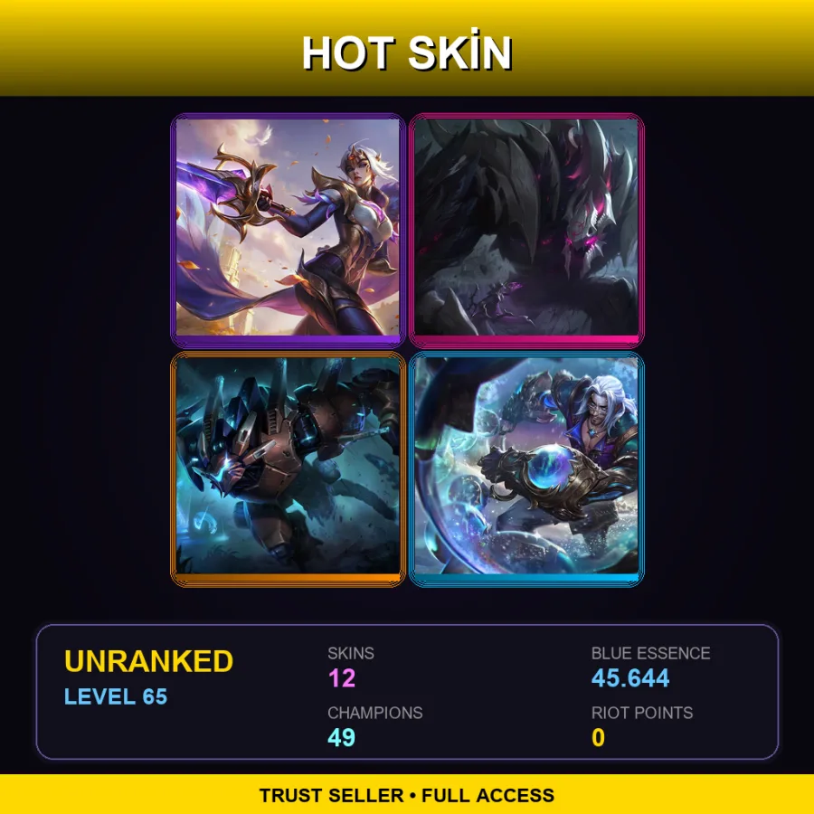LAS | Lv65 | Unranked | 12 Skin | 49 Champ — Three Honors Shen