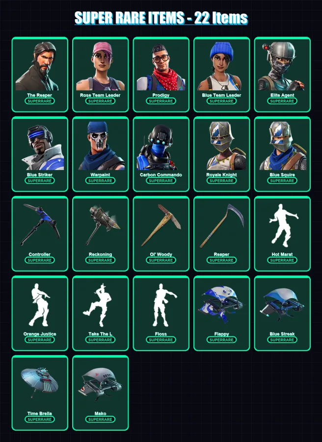 [PC/XBOX] | The Reaper | Rose Team Leader | Prodigy | Blue Team Leader | Elite Agent | 38 skin | 47 pickaxe | 59 emote | 63 glider | Lv1011 — Fortnite account