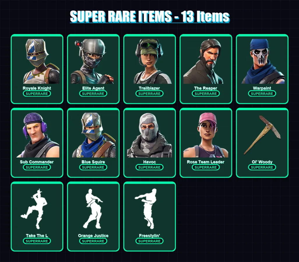 [PS4/PS5/PC] | Royale Knight | Elite Agent | Trailblazer | The Reaper | Warpaint | 82 skin | 95 pickaxe | 72 emote | 84 glider | Lv1117 — Fortnite account