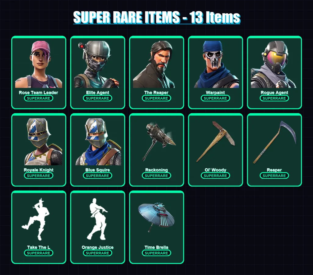 [PC/PSN] | Rose Team Leader | Elite Agent | The Reaper | Warpaint | Rogue Agent | 80 skin | 100 pickaxe | 113 emote | 100 glider | Lv1658