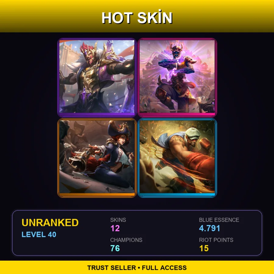 EUW | Victorious Draven | Three Honors Malzahar | Waterloo Miss Fortune | Knockout Lee Sin | 12 Skin | 76 Champ | Lv40