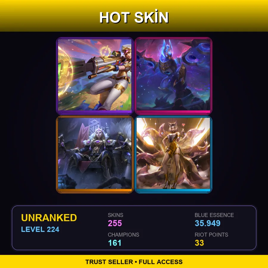 SG | Prestige Arcade Caitlyn | Cosmic Flight Anivia | Victorious Sejuani | Prestige K/DA Ahri | 255 Skin | 161 Champ | Lv224