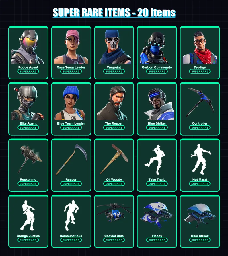 [PC/XBOX/PSN] | Rogue Agent | Rose Team Leader | Warpaint | Carbon Commando | Prodigy | 63 skin | 36 pickaxe | 71 emote | 40 glider | Lv397