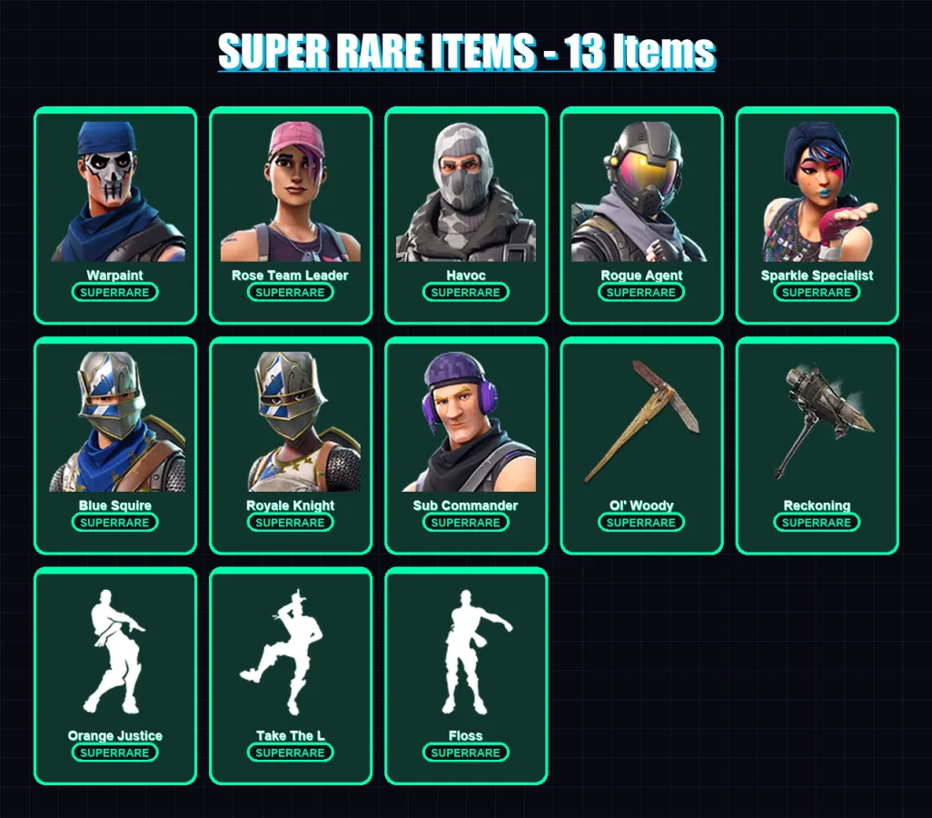 [PC/XBOX/PSN] | Warpaint | Rose Team Leader | Havoc | Rogue Agent | Sparkle Specialist | 67 skin | 49 pickaxe | 59 emote | 64 glider | Lv694