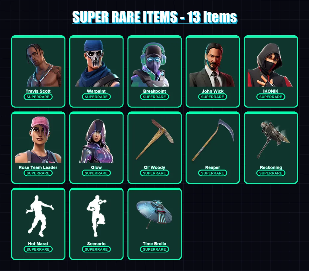 [PC] | Travis Scott | Warpaint | Breakpoint | John Wick | IKONIK | 135 skin | 80 pickaxe | 88 emote | 76 glider | Lv1264