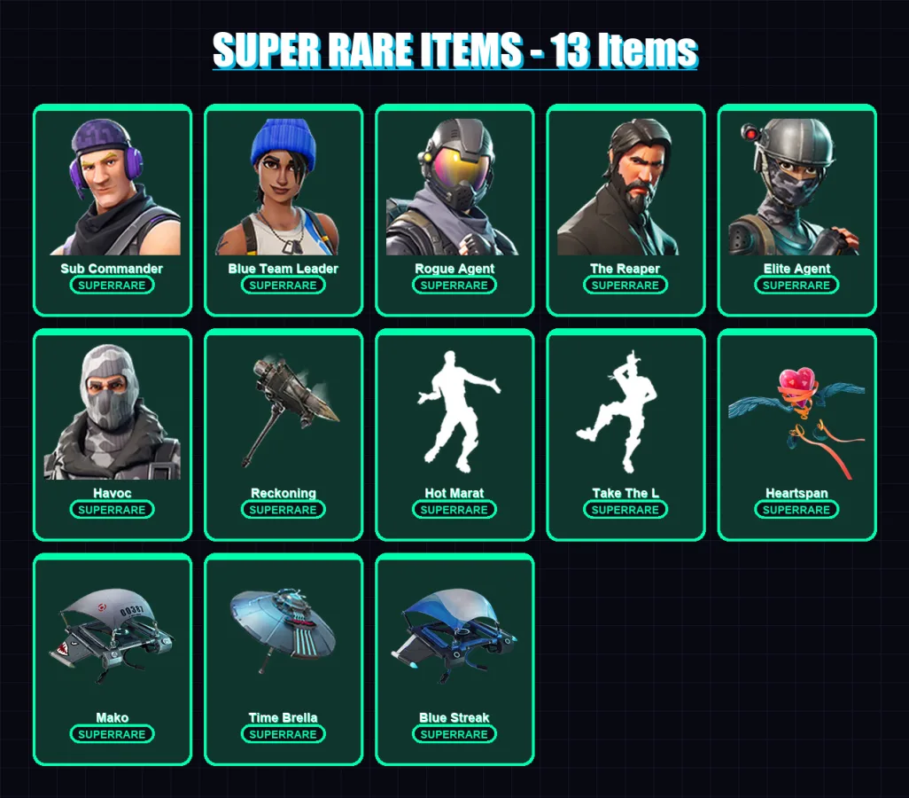 [PC/XBOX/PSN] | Sub Commander | Blue Team Leader | Rogue Agent | The Reaper | Elite Agent | 54 skin | 33 pickaxe | 34 emote | 31 glider | Lv371 — Fortnite account