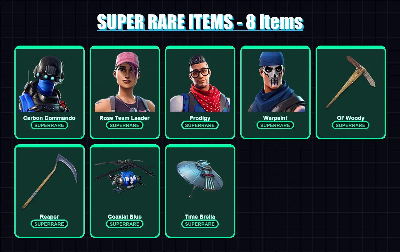 [PC] | Carbon Commando | Rose Team Leader | Prodigy | Warpaint | Spectra Knight | 33 skin | 36 pickaxe | 44 emote | 28 glider | Lv233 — Fortnite account