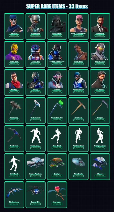 [PC] | Warpaint | Elite Agent | Darth Vader | Rose Team Leader | John Wick | 411 skin | 354 pickaxe | 299 emote | 270 glider | Lv3412
