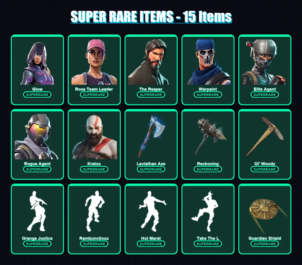 [PS4/PS5/XBOX/PC] | Glow | Rose Team Leader | The Reaper | Warpaint | Elite Agent | 96 skin | 66 pickaxe | 79 emote | 71 glider | Lv949