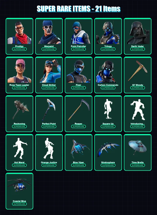 [PS4/PS5/XBOX/PC] | Prodigy | Warpaint | Point Patroller | Trilogy | Darth Vader | 218 skin | 249 pickaxe | 221 emote | 224 glider | Lv3042