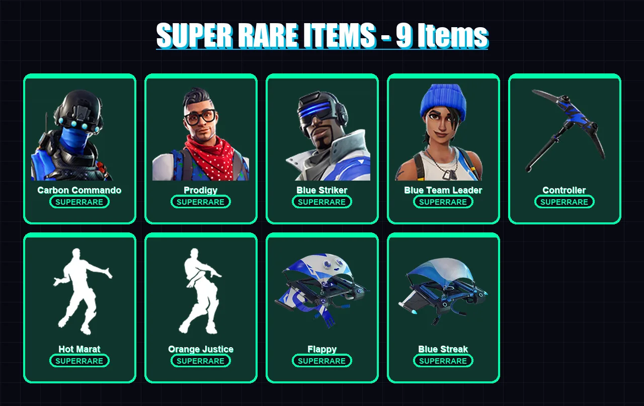 [PS4/PS5/XBOX/PC] | Carbon Commando | Prodigy | Blue Striker | Blue Team Leader | Omega | 21 skin | 25 pickaxe | 32 emote | 36 glider | Lv506