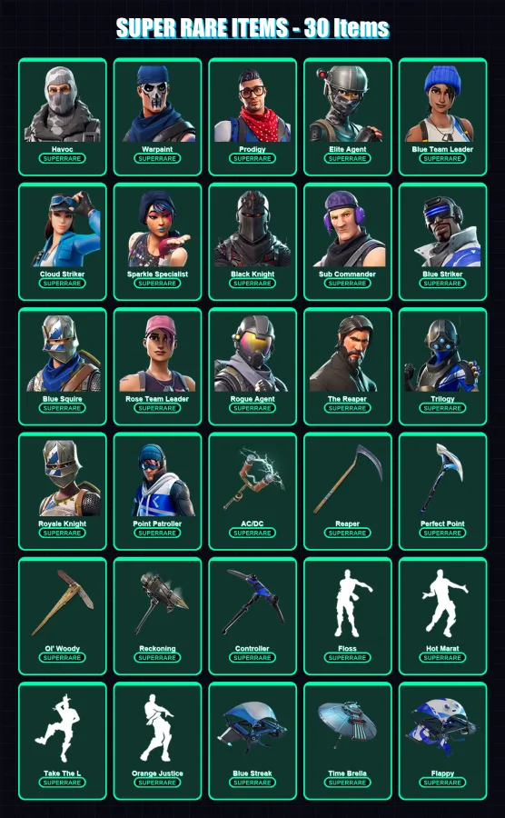 [PS4/PS5/XBOX/PC] | Havoc | Warpaint | Prodigy | Elite Agent | Blue Team Leader | 96 skin | 111 pickaxe | 98 emote | 110 glider | Lv2041