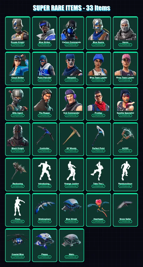 [PC] | Royale Knight | Blue Striker | Carbon Commando | Blue Squire | Havoc | 123 skin | 156 pickaxe | 161 emote | 139 glider | Lv2043