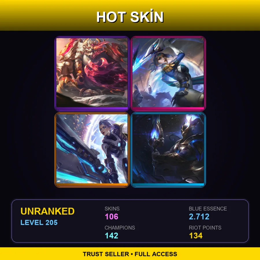 OCE | Lv205 | Unranked | 106 Skin | 142 Champ — LoL account