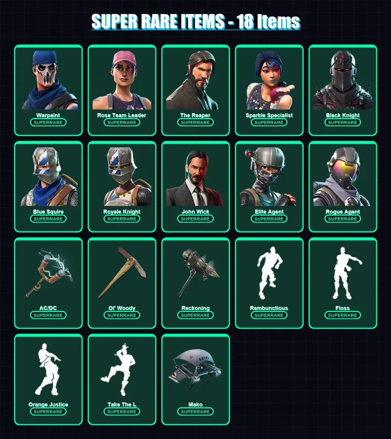 [PC] | Warpaint | Rose Team Leader | The Reaper | Sparkle Specialist | Black Knight | 135 skin | 91 pickaxe | 111 emote | 95 glider | Lv1287
