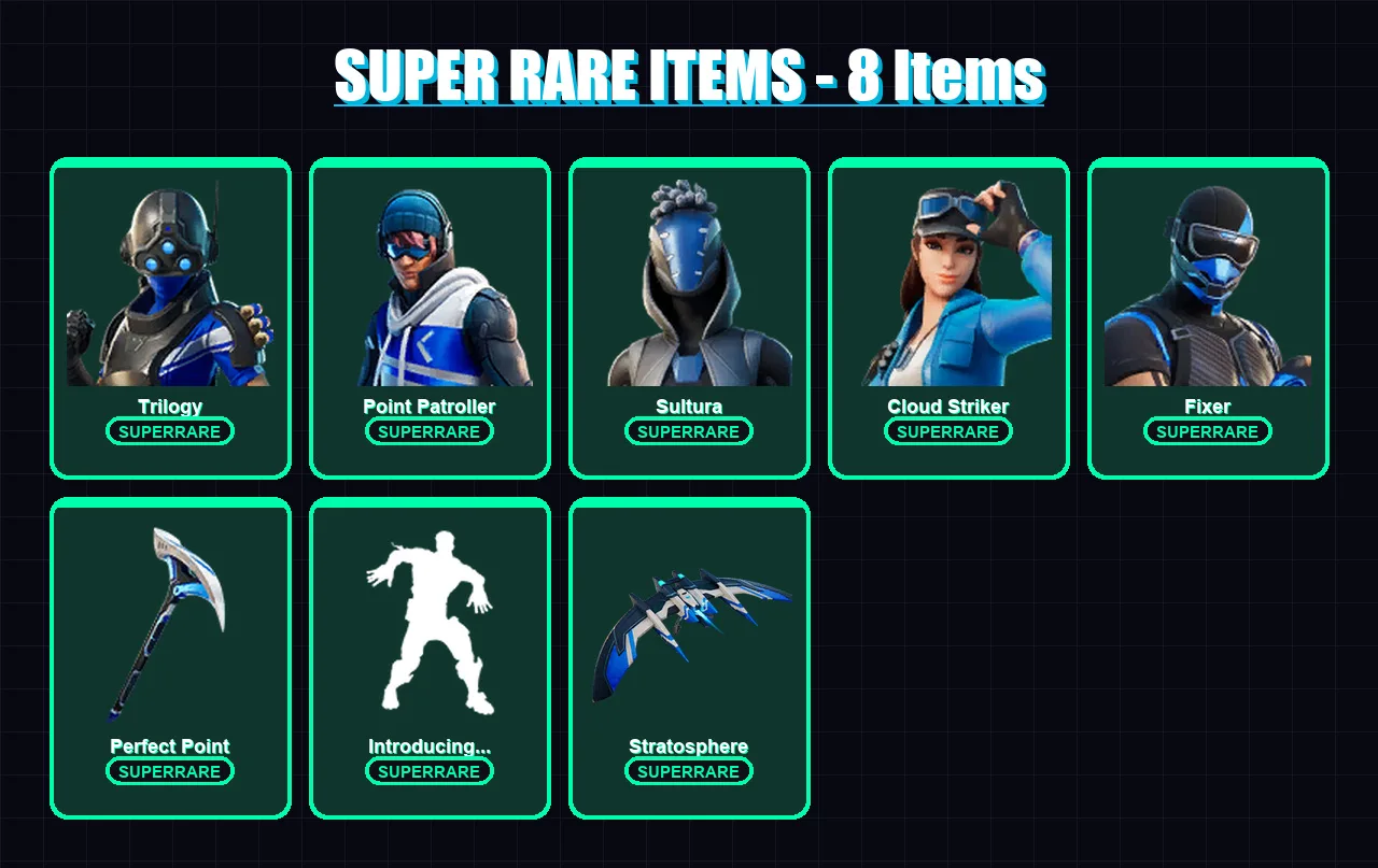 [PS4/PS5/XBOX/PC] | Trilogy | Point Patroller | Sultura | Cloud Striker | Fixer | 69 skin | 108 pickaxe | 76 emote | 89 glider | Lv1224